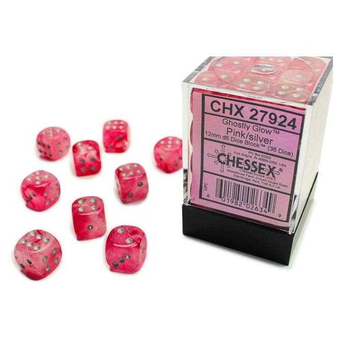 Chessex Ghosthly Glow Pink with Silver pips 12 mm Dice Block (36 dice)