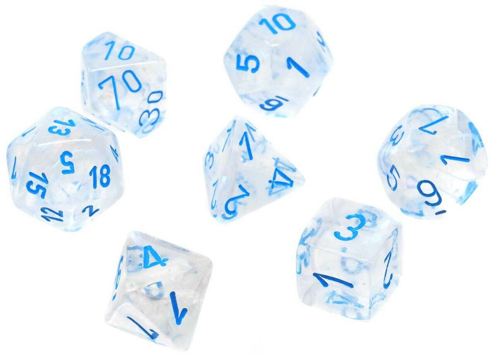 Chessex Borealis  Luminary™ Icicle Polyhedral Dice with Light Blue Numbers - Set of 7