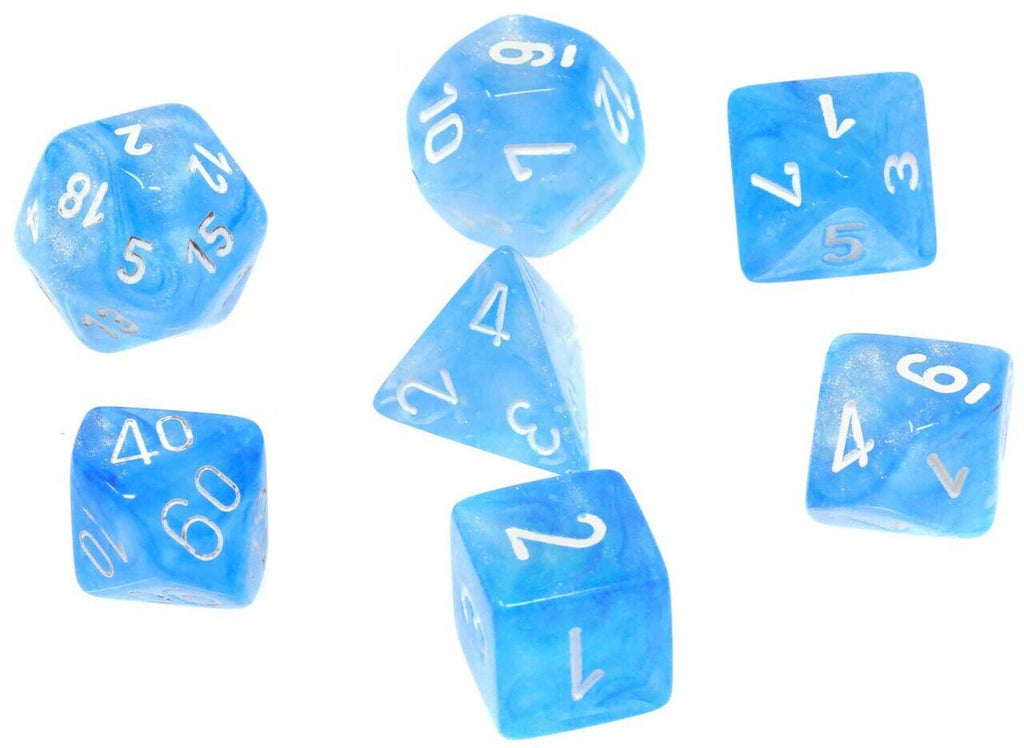 Chessex Borealis  Luminary™ Sky Blue Polyhedral Dice with White Numbers - Set of 7