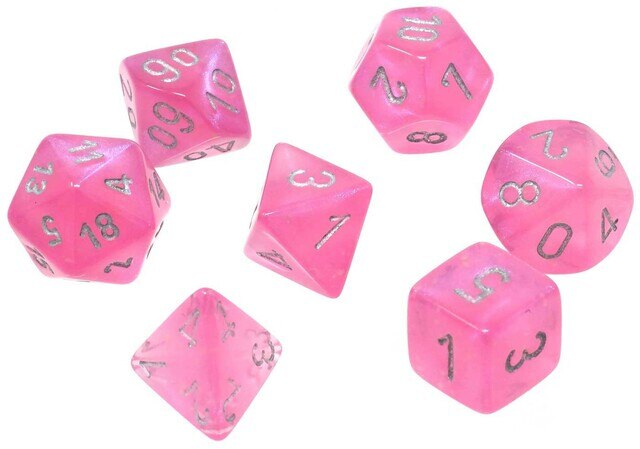 Chessex Borealis  Luminary™ Pink Polyhedral Dice with Silver Numbers - Set of 7