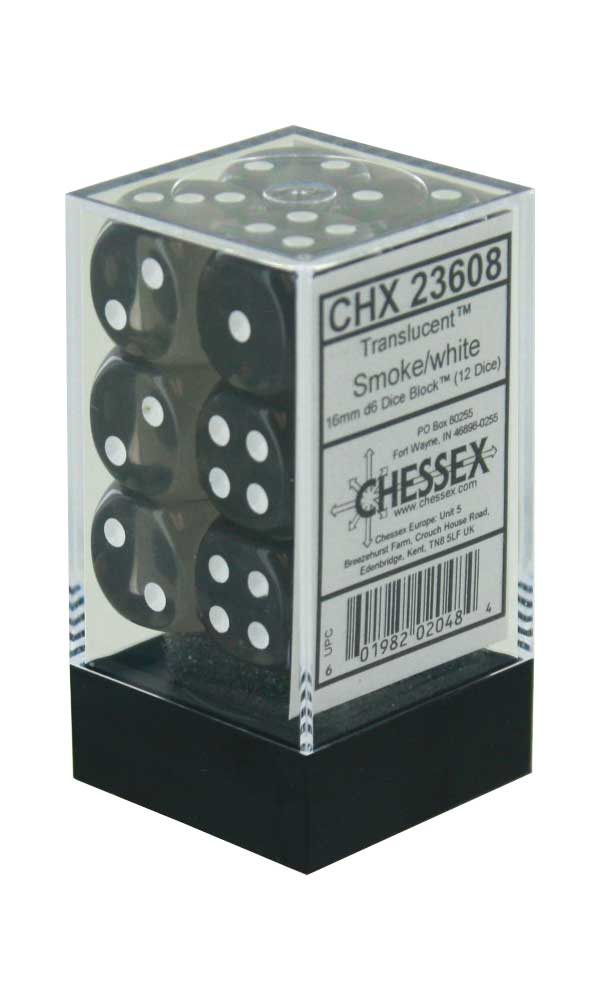 Chessex Smoke Translucent 16 mm with White Numbers D6 Dice Block (12 dice)