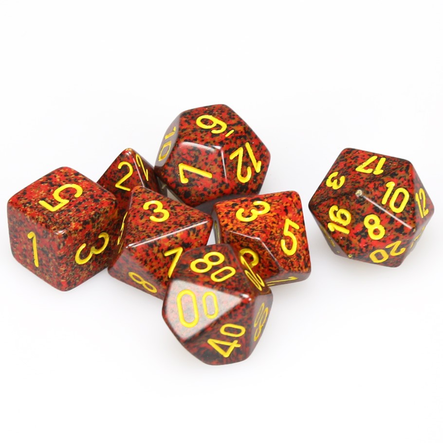 Chessex Polyhedral Speckled Mercury Dice with Yellow numbers - Set of 7 content