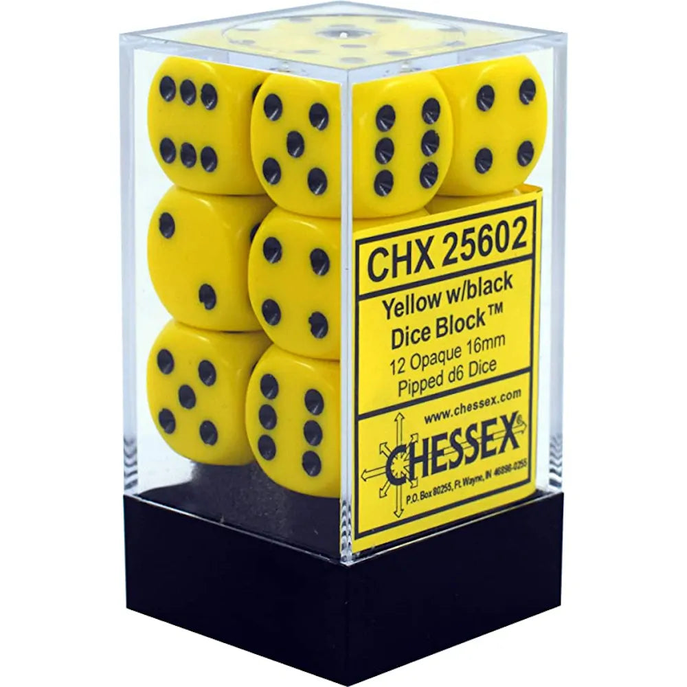 Chessex Yellow Opaque 16 mm with Black Numbers D6 Dice Block (12 dice)