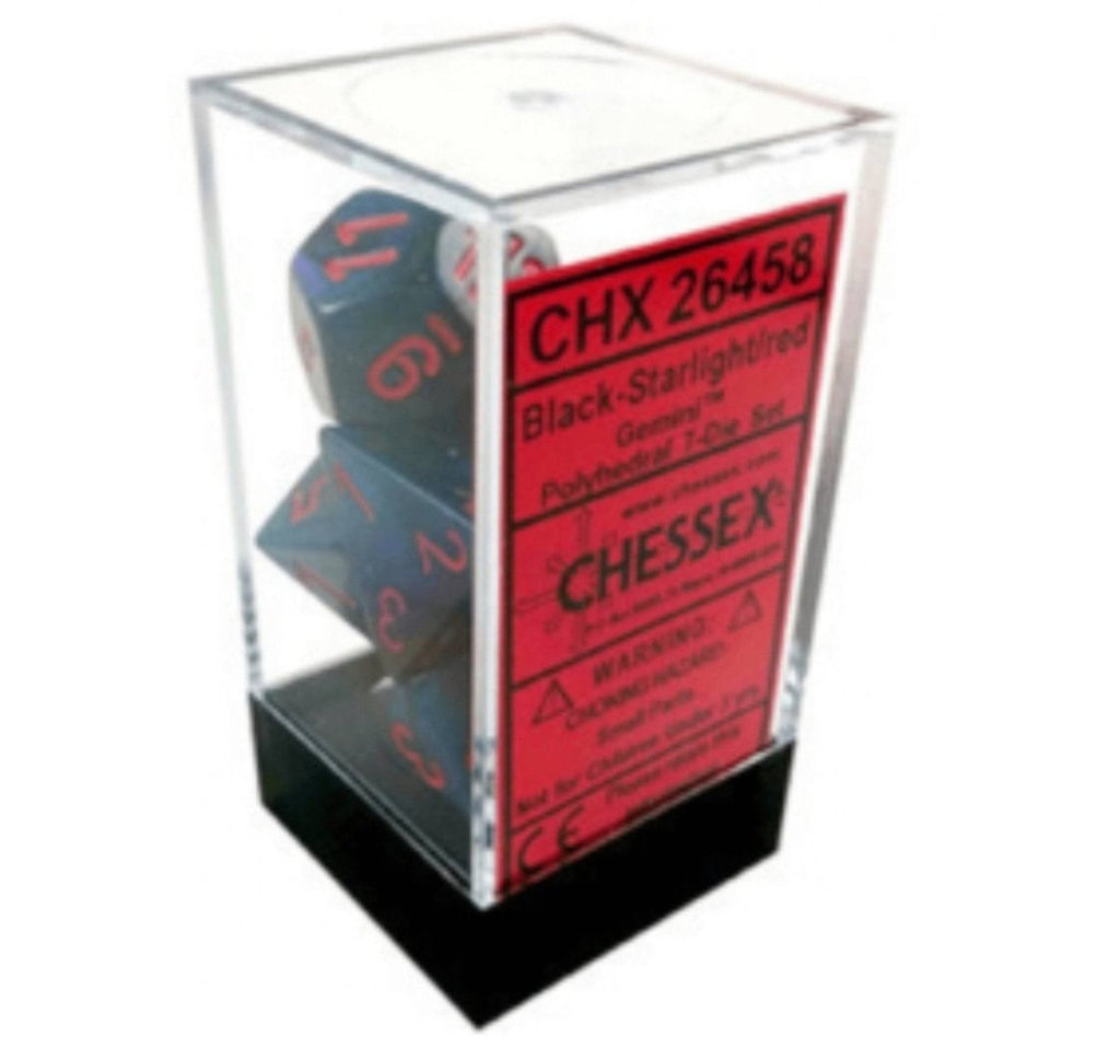 Chessex Gemini™ Black-Starlight Polyhedral Dice with Red Numbers - Set of 7 in box