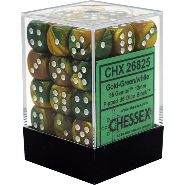 Chessex Gemini™ Gold-Green with White Numbers 12 mm Dice Block (36 dice)