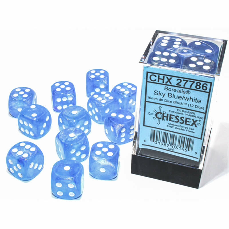 Chessex Borealis™ Sky Blue with White Numbers 16 mm d6 Dice Block (12 dice)