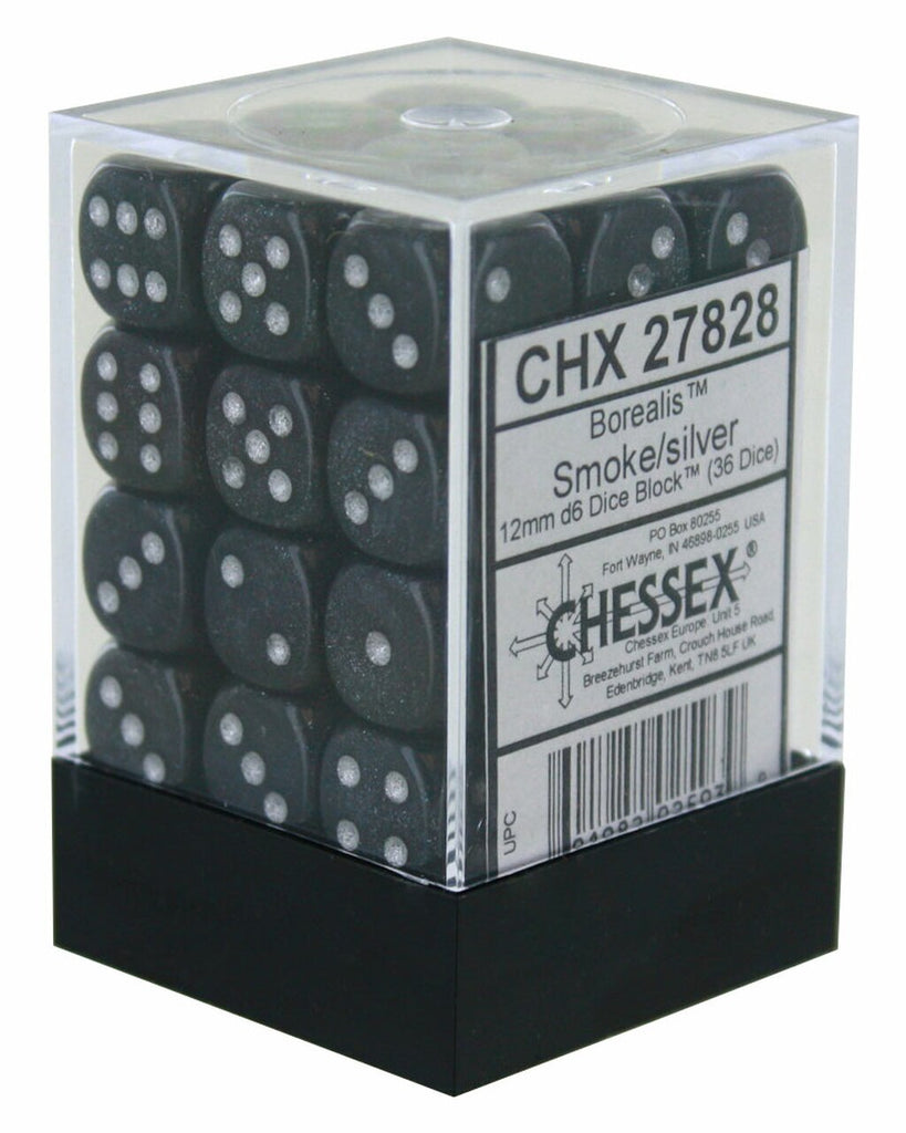 Chessex Borealis™ Smoke with Silver Pips 12mm Dice Block (36 dice)