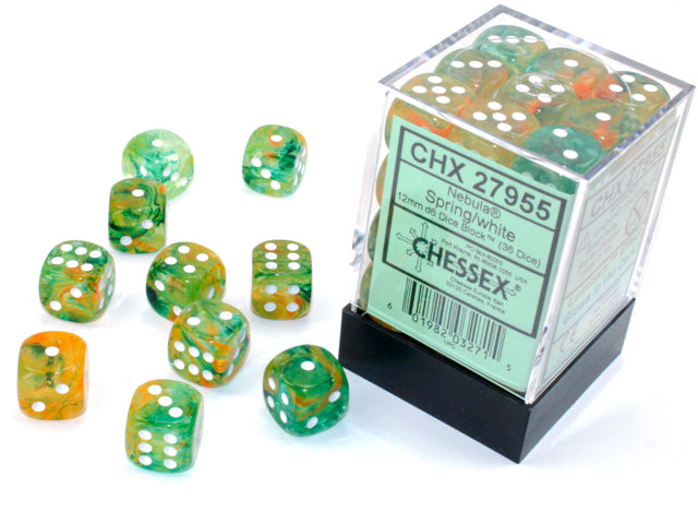 Chessex Nebula Spring Luminary with White pips 12 mm Dice Block (36 dice)
