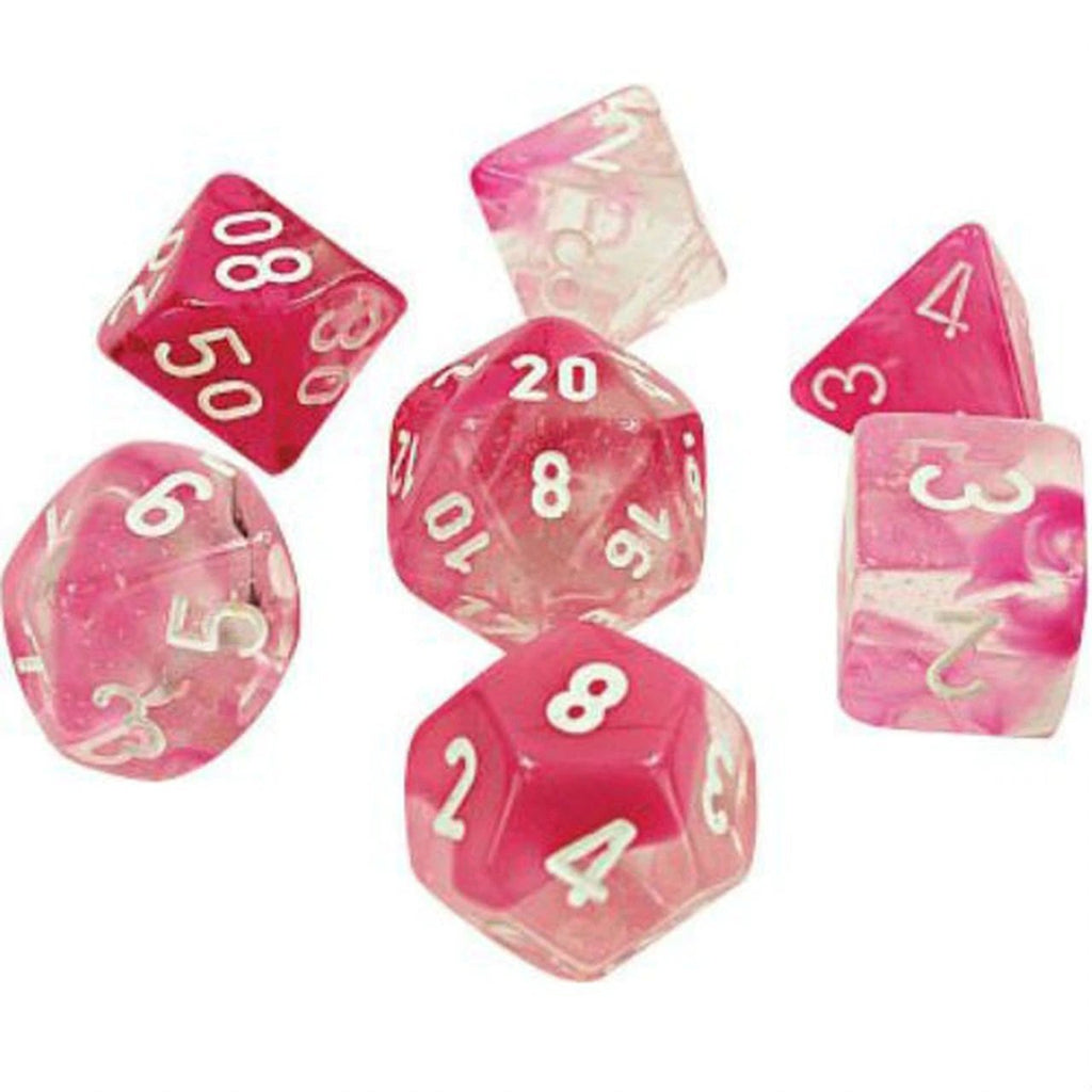 Chessex Lab Dice Gemini™ Clear-Pink Polyhedral Dice with White Numbers - Set of 7