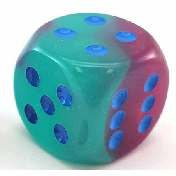 Chessex 30mm d6 Gel Green and Pink with Blue Pips Luminary Gemini