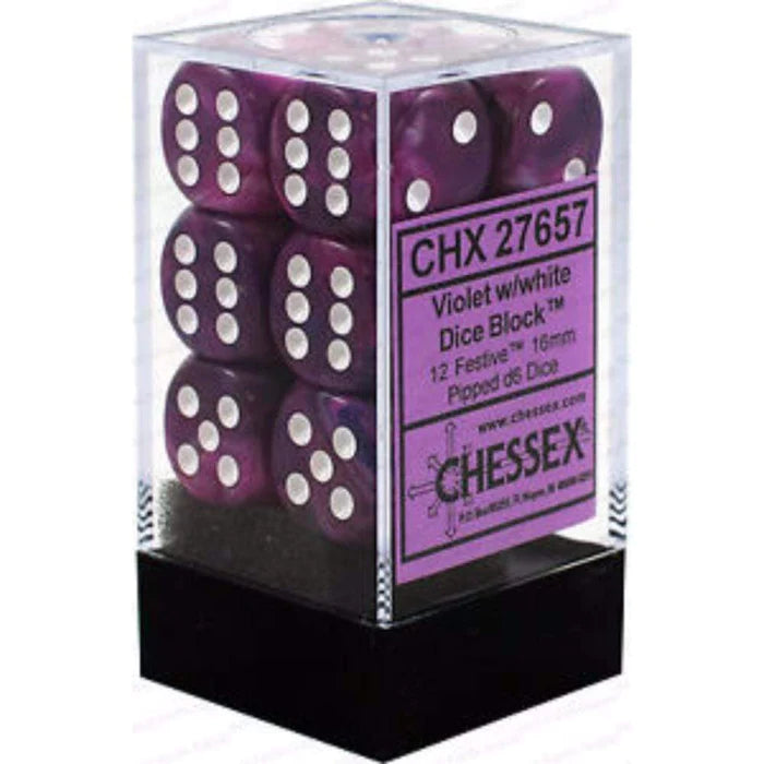 Chessex Festive™ Violet with White Pips 16mm Dice Block (12 dice)