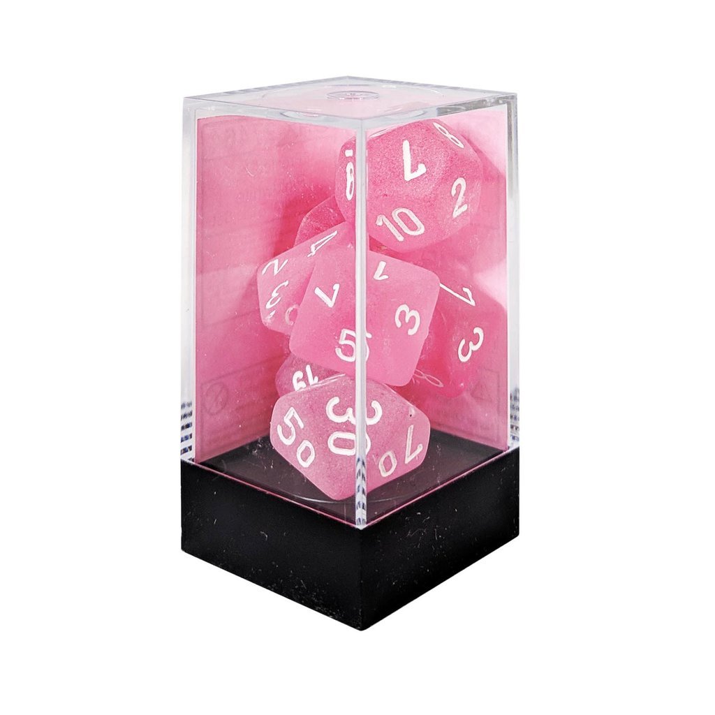 Chessex Frosted™ Pink Polyhedral Dice with White Numbers - Set of 7 in box