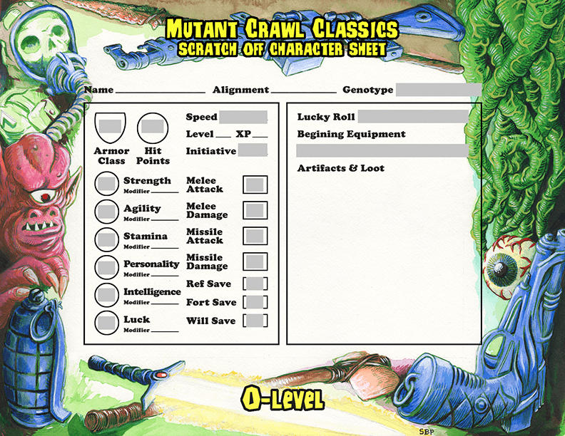 Mutant Crawl Classics: 0 Level Scratch Character Sheets front
