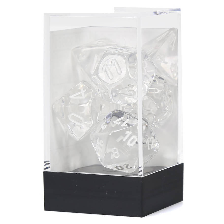 Chessex Clear Translucent Polyhedral Dice with White Numbers - Set of 7 in Box
