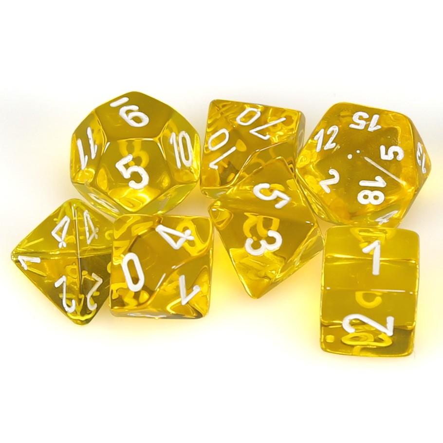 Chessex Yellow Translucent Polyhedral Dice with White Numbers - Set of 7