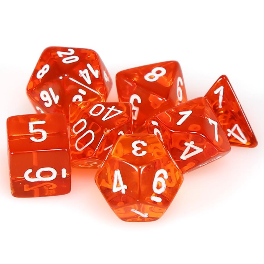 Chessex Orange Translucent Polyhedral Dice with White Numbers - Set of 7