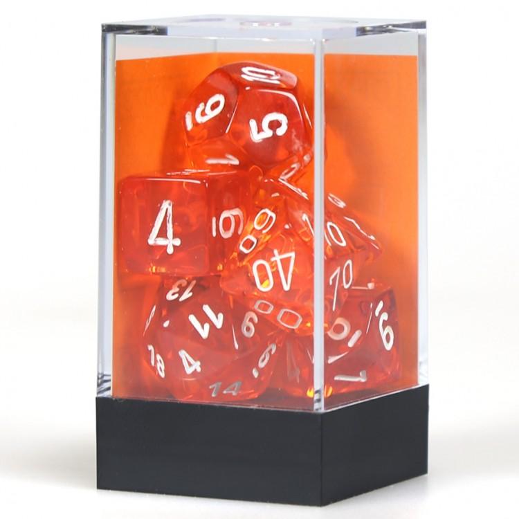 Chessex Orange Translucent Polyhedral Dice with White Numbers - Set of 7 in box