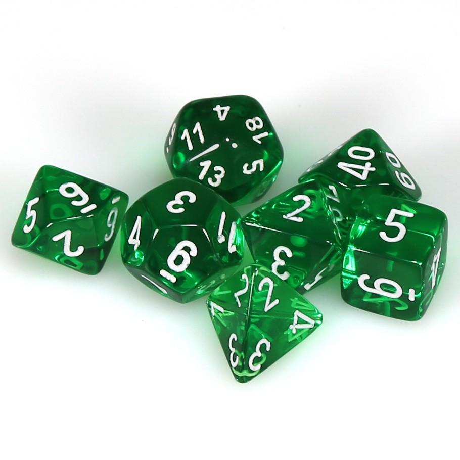 Chessex Green Translucent Polyhedral Dice with White Numbers - Set of 7