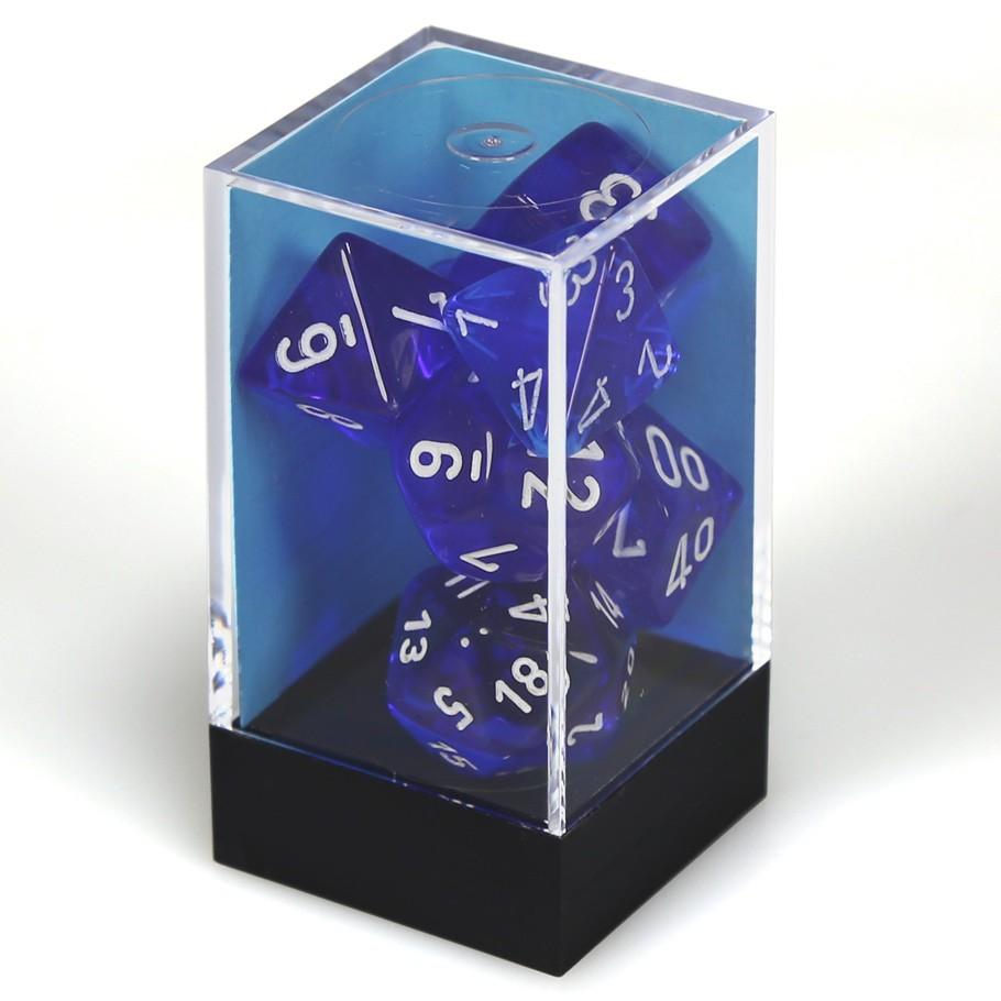 Chessex Blue Translucent Polyhedral Dice with White Numbers - Set of 7