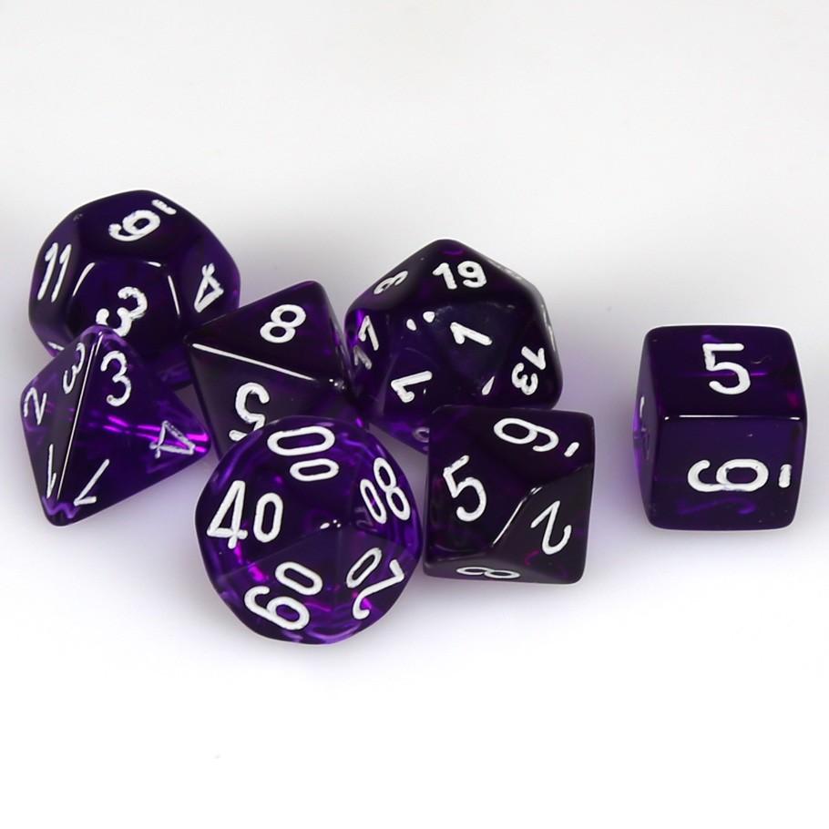 Chessex Purple Translucent Polyhedral Dice with White Numbers - Set of 7