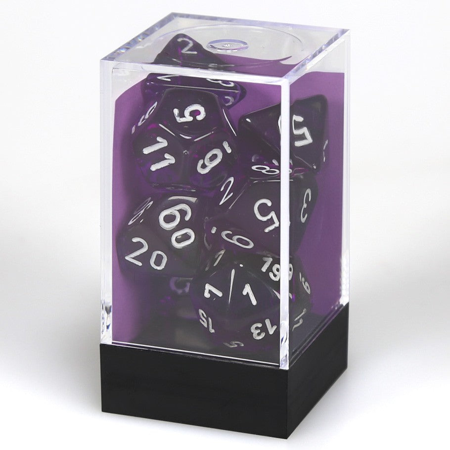 Chessex Purple Translucent Polyhedral Dice with White Numbers - Set of 7 in box