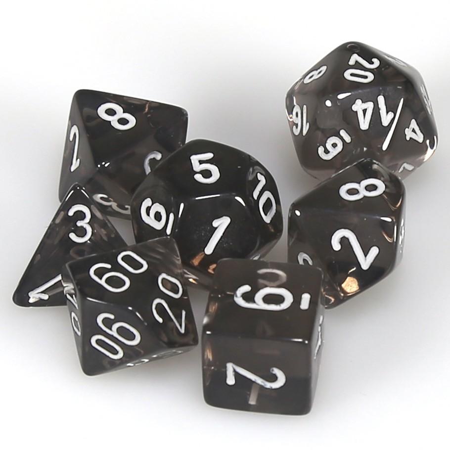 Chessex Smoke Translucent Polyhedral Dice with White Numbers - Set of 7