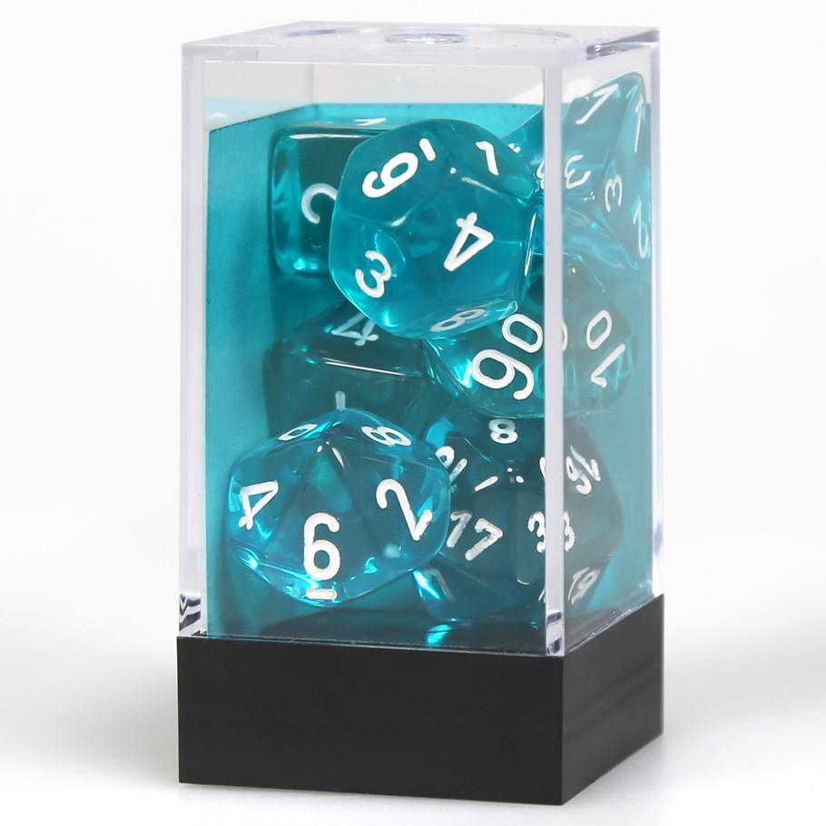 Chessex Teal Translucent Polyhedral Dice with White Numbers - Set of 7 in box