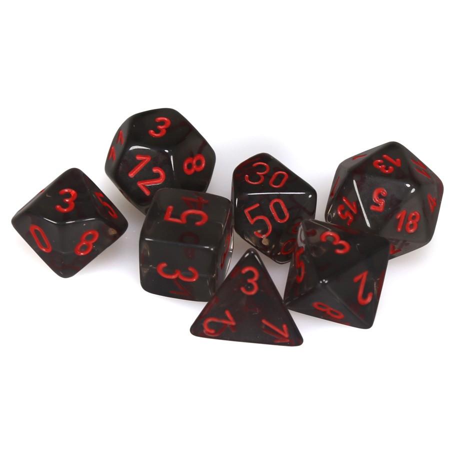 Chessex Smoke Translucent Polyhedral Dice with Red Numbers - Set of 7