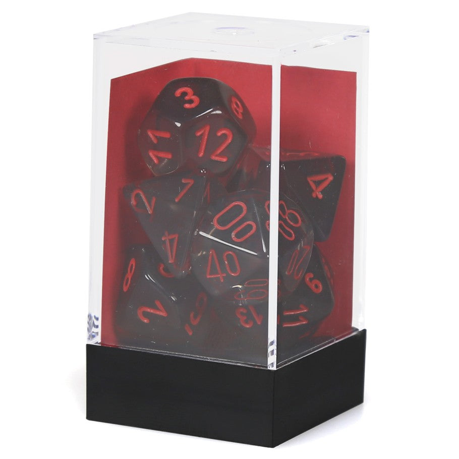 Chessex Smoke Translucent Polyhedral Dice with Red Numbers - Set of 7 in box