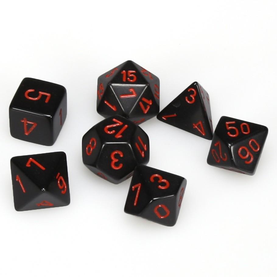 Chessex Black Opaque Polyhedral Dice with Red Numbers - Set of 7