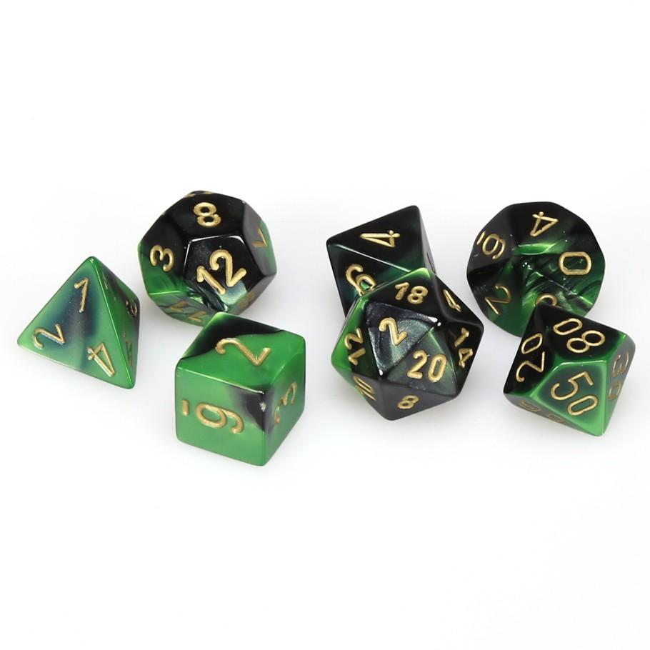 Chessex Gemini™ Black-Green Polyhedral Dice with Gold Numbers - Set of 7