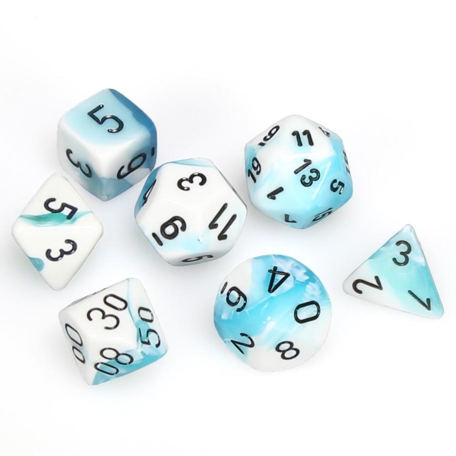 Chessex Gemini™ Teal-White Polyhedral Dice with Black Numbers - Set of 7