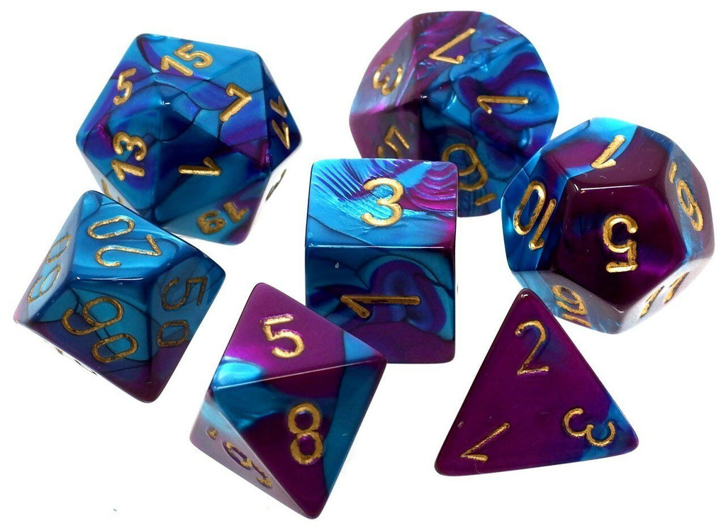 Chessex Gemini™ Purple-Teal Polyhedral Dice with Gold Numbers - Set of 7