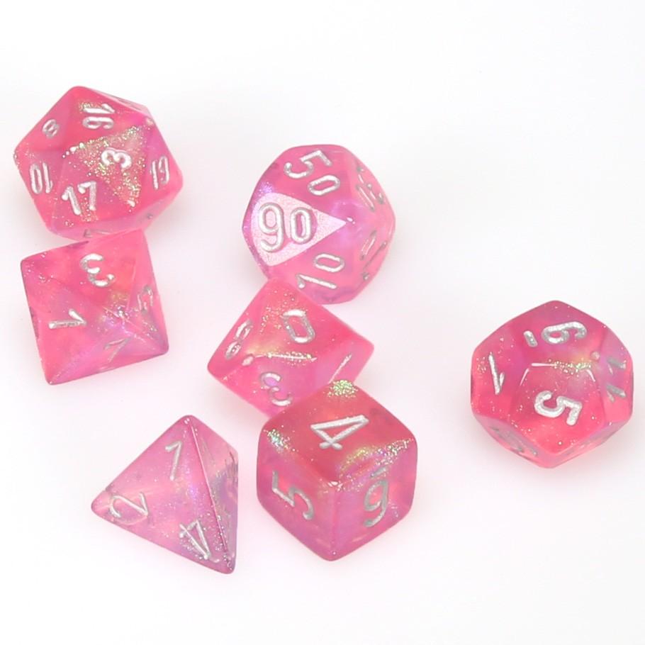 Chessex Borealis™ Pink Polyhedral Dice with Silver Numbers - Set of 7