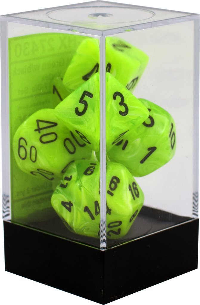 Chessex Vortex Bright Green Polyhedral Dice with Black Numbers - Set of 7 in box