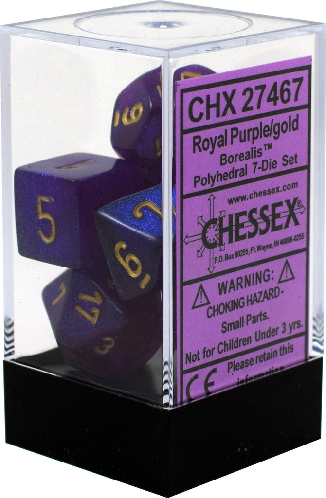 Chessex Borealis™ Royal Purple Polyhedral Dice with Gold Numbers - Set of 7 in box