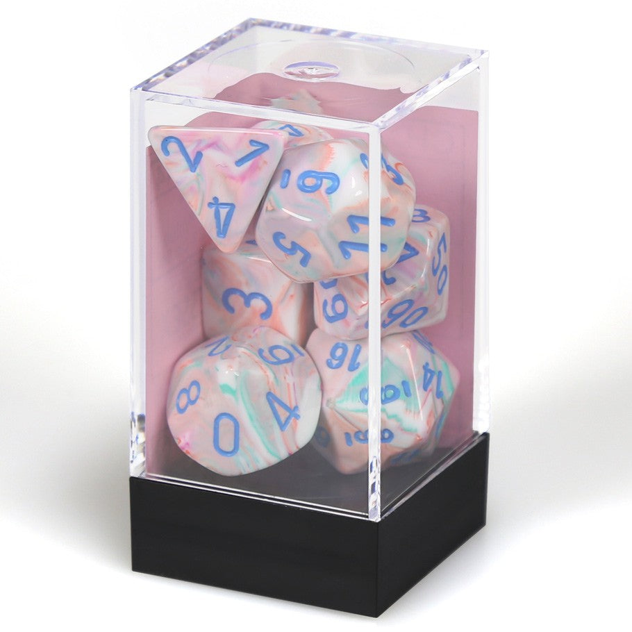 Chessex Festive™ Pop Art™ Polyhedral Dice with Blue Numbers - Set of 7 in box