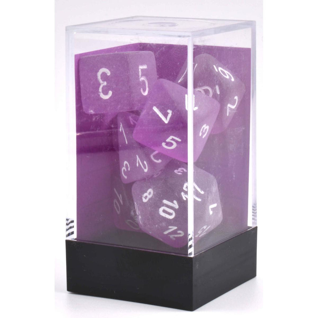 Chessex Frosted™ Purple Polyhedral Dice with White Numbers - Set of 7 in box