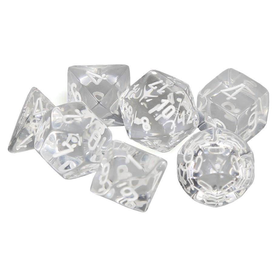 Chessex Clear Translucent Polyhedral Dice with White Numbers - Set of 7
