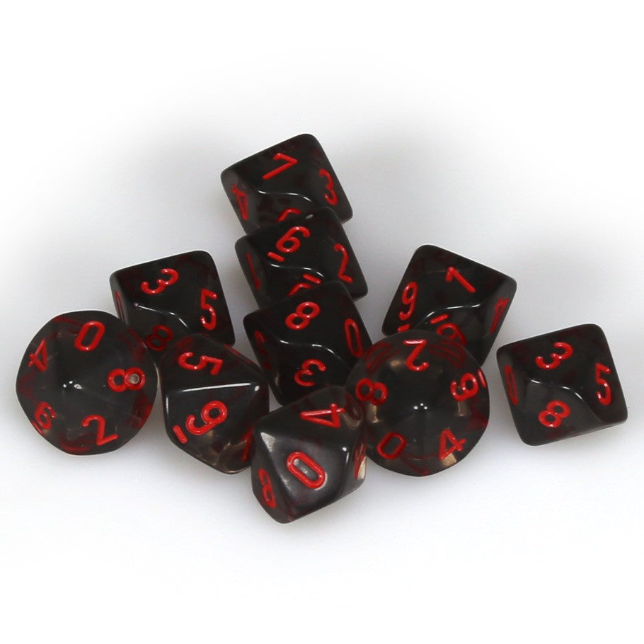 Chessex Smoke Translucent with Red Numbers d10 - Set of 10