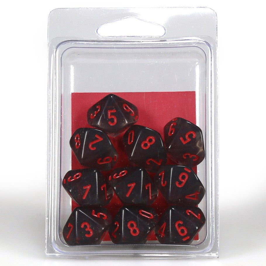 Chessex Smoke Translucent with Red Numbers d10 - Set of 10