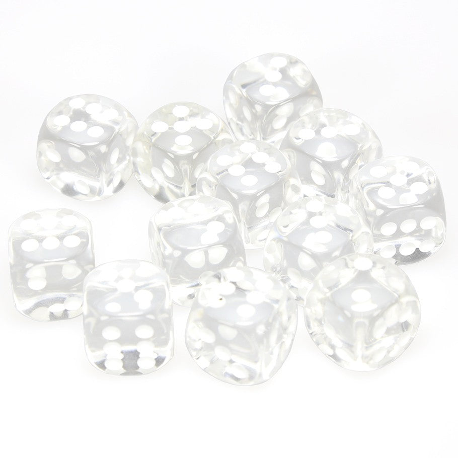 Chessex Clear Translucent 16 mm with White Numbers D6 Dice Block (12 dice)