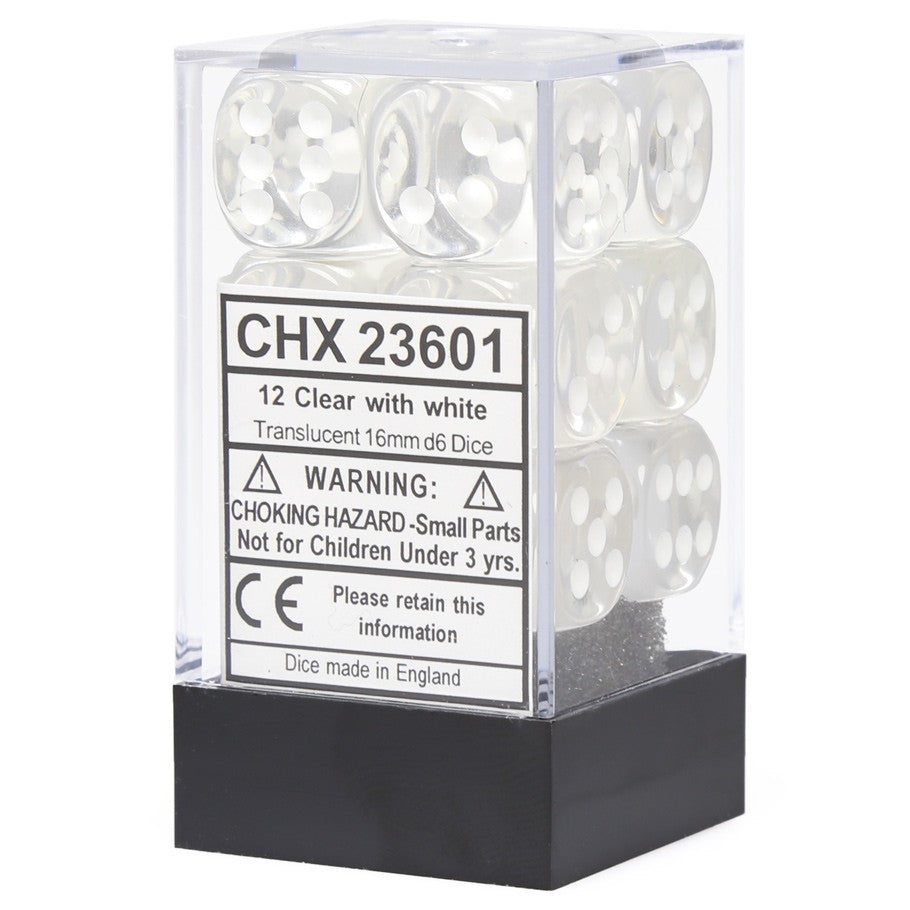 Chessex Clear Translucent 16 mm with White Numbers D6 Dice Block (12 dice)