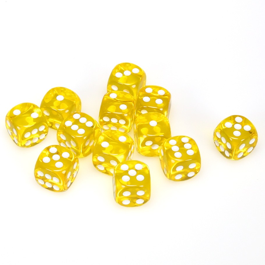 Chessex Yellow Translucent 16 mm with White Numbers D6 Dice Block (12 dice)
