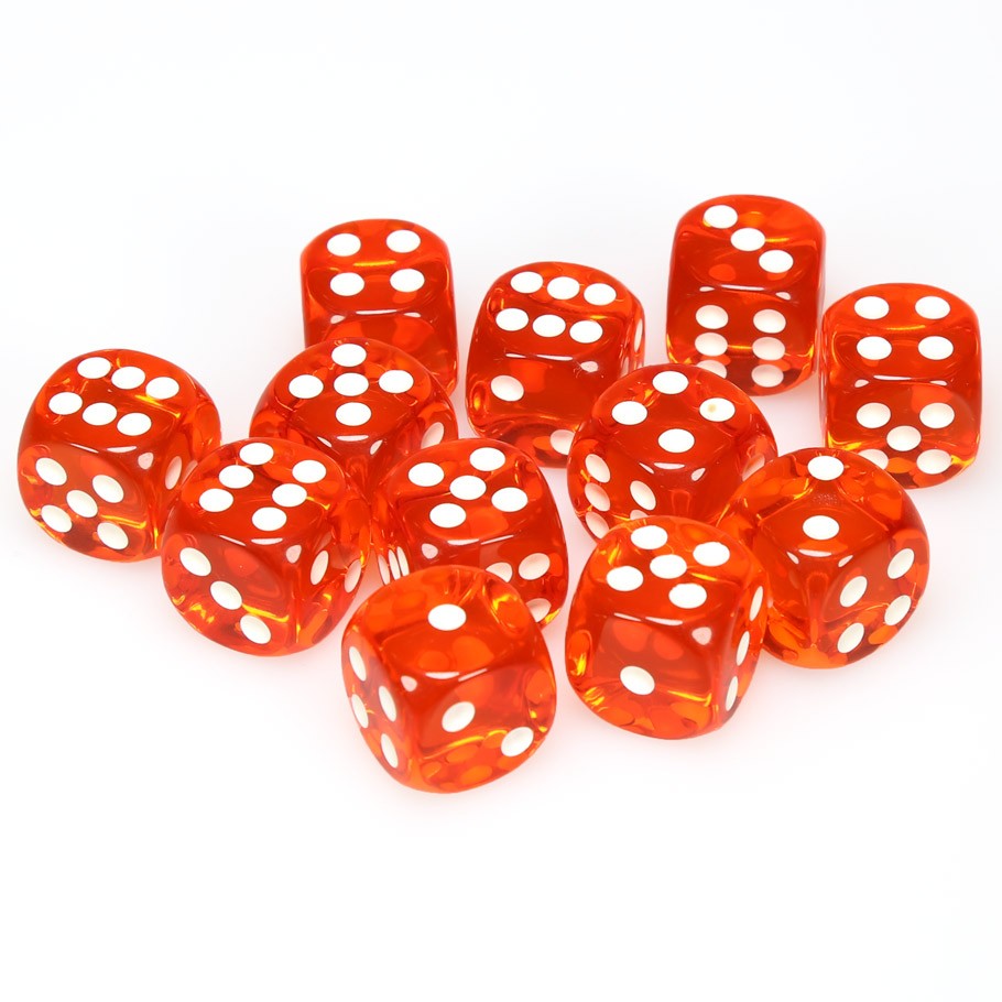 Chessex Orange Translucent 16 mm with White Numbers D6 Dice Block (12 dice) content