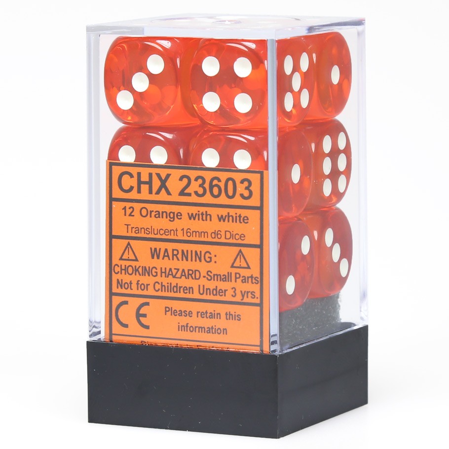 Chessex Orange Translucent 16 mm with White Numbers D6 Dice Block (12 dice)
