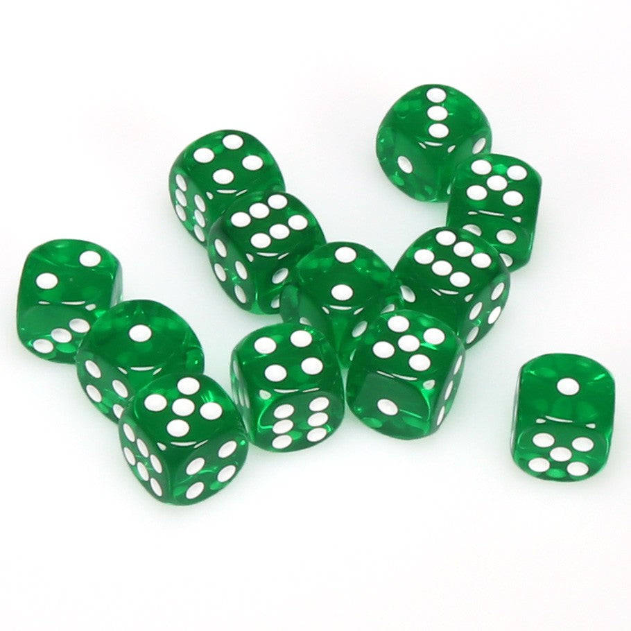 Chessex Green Translucent 16 mm with White Numbers D6 Dice Block (12 dice)