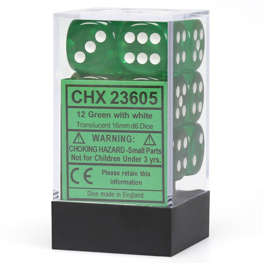 Chessex Green Translucent 16 mm with White Numbers D6 Dice Block (12 dice)