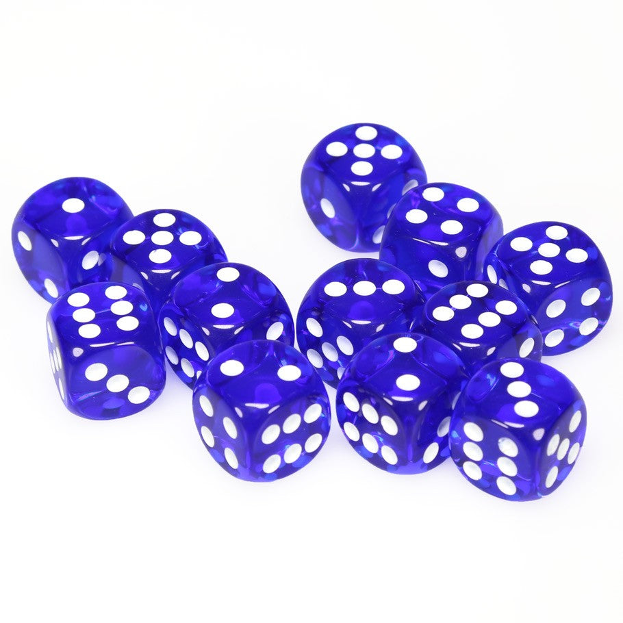 Chessex Blue Translucent 16 mm with White Numbers D6 Dice Block (12 dice)