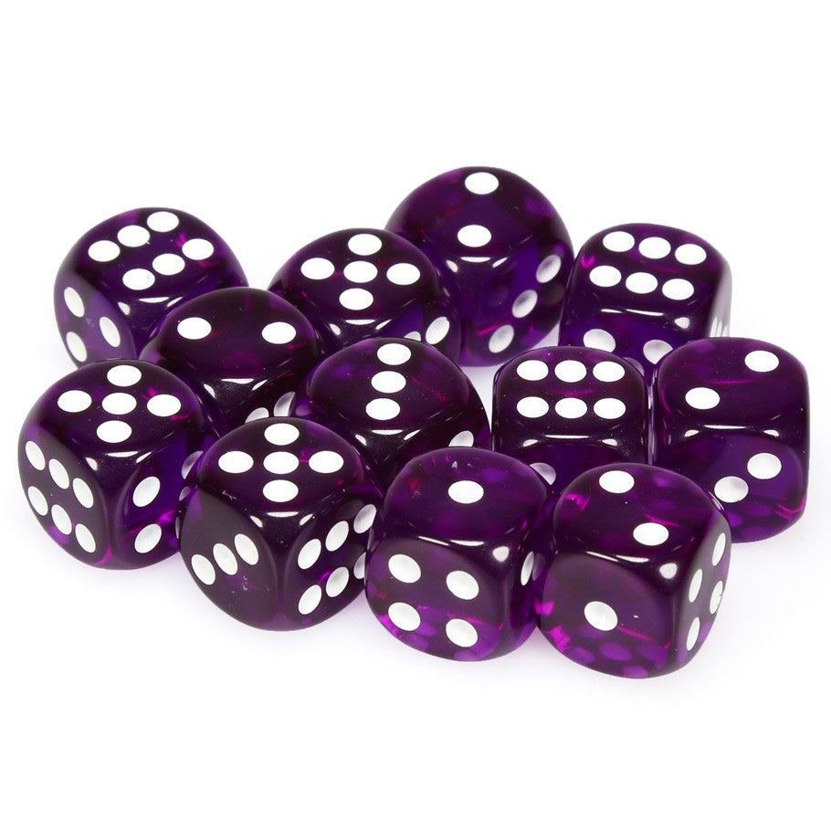 Chessex Purple Translucent 16 mm with White Numbers D6 Dice Block (12 dice) content